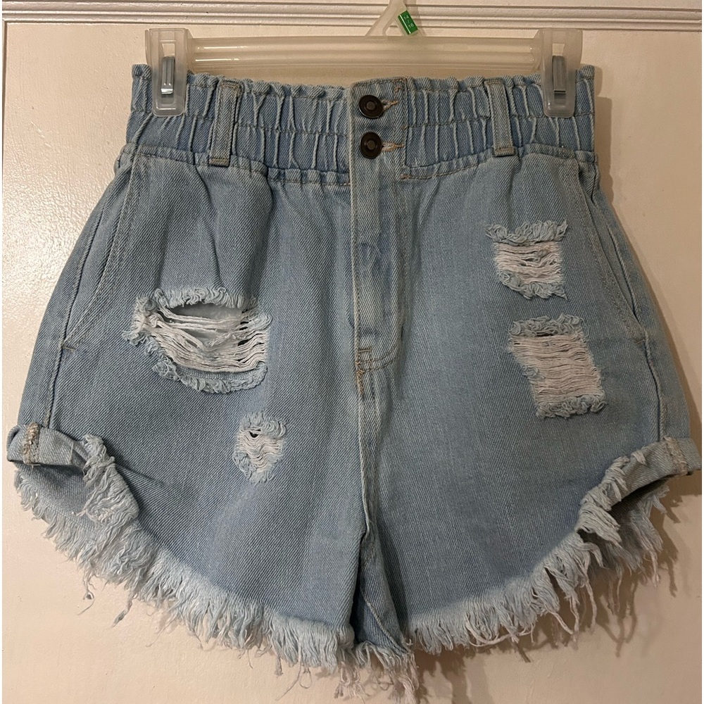 Paper bag waist distressed jean shorts